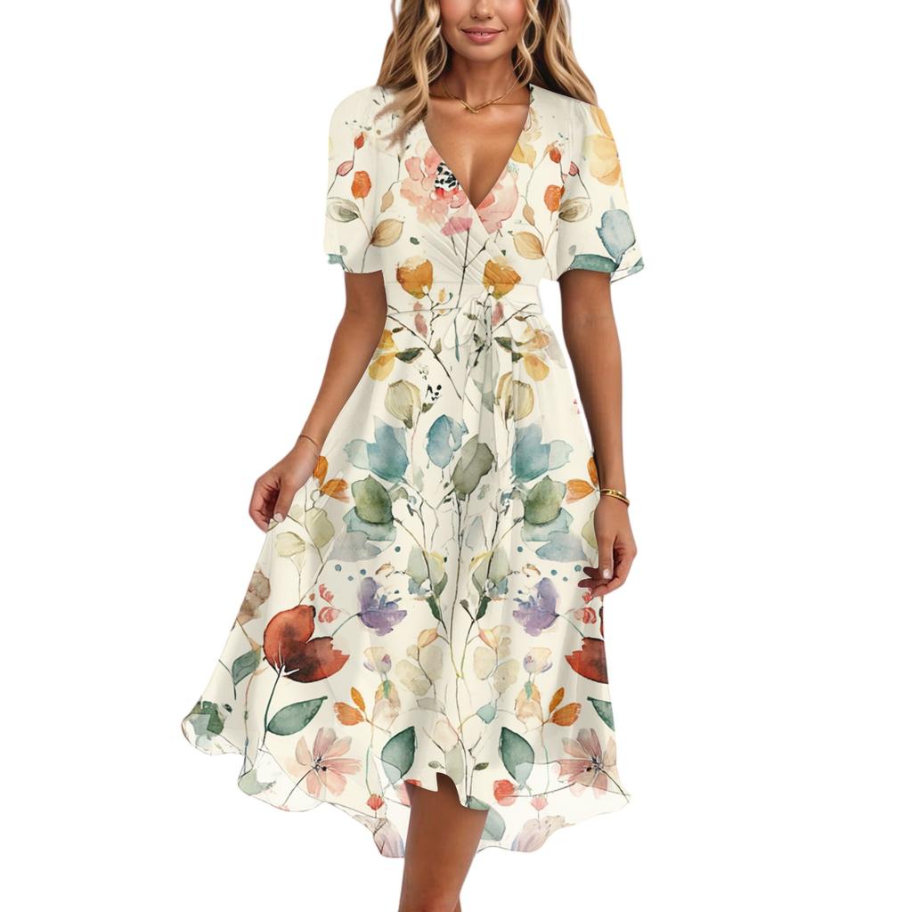 Damenmode Lässig V-Ausschnitt Kurzarm Rüschen Vintage Bedruckte Kleider