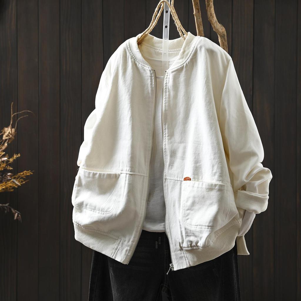 Women Vintage Cotton Jackets Solid Color Stand Long Sleeve Coats Autumn Zipper Loose Casual Pockets Jackets