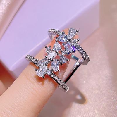 Silber Neuer Blume Weiß Zirkon BlingBling Geometrischer Ring Damen Party Geburtstag Modeschmuck Geschenk