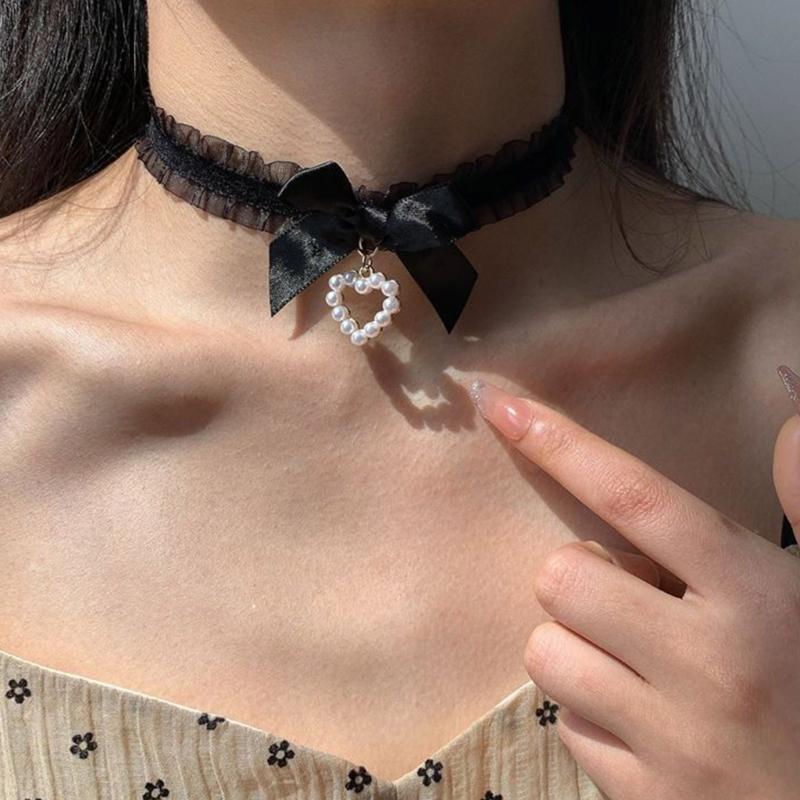 Fashion Harajuku Cloth Collarbone Chain Temperament Simple Cold Wind Big Heart Bowknot Pearls Loves Necklace Lace Chain
