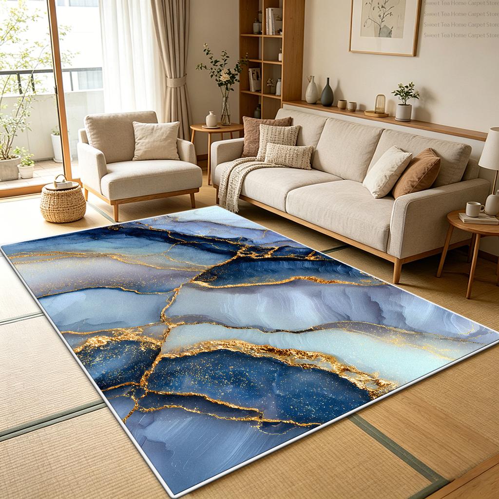 Luxury Blue Gold Marble Living Room Sofa Rug Decoration Bedroom Washable Soft Fluffy Floor Mats Kitchen Non-slip Large Carpet