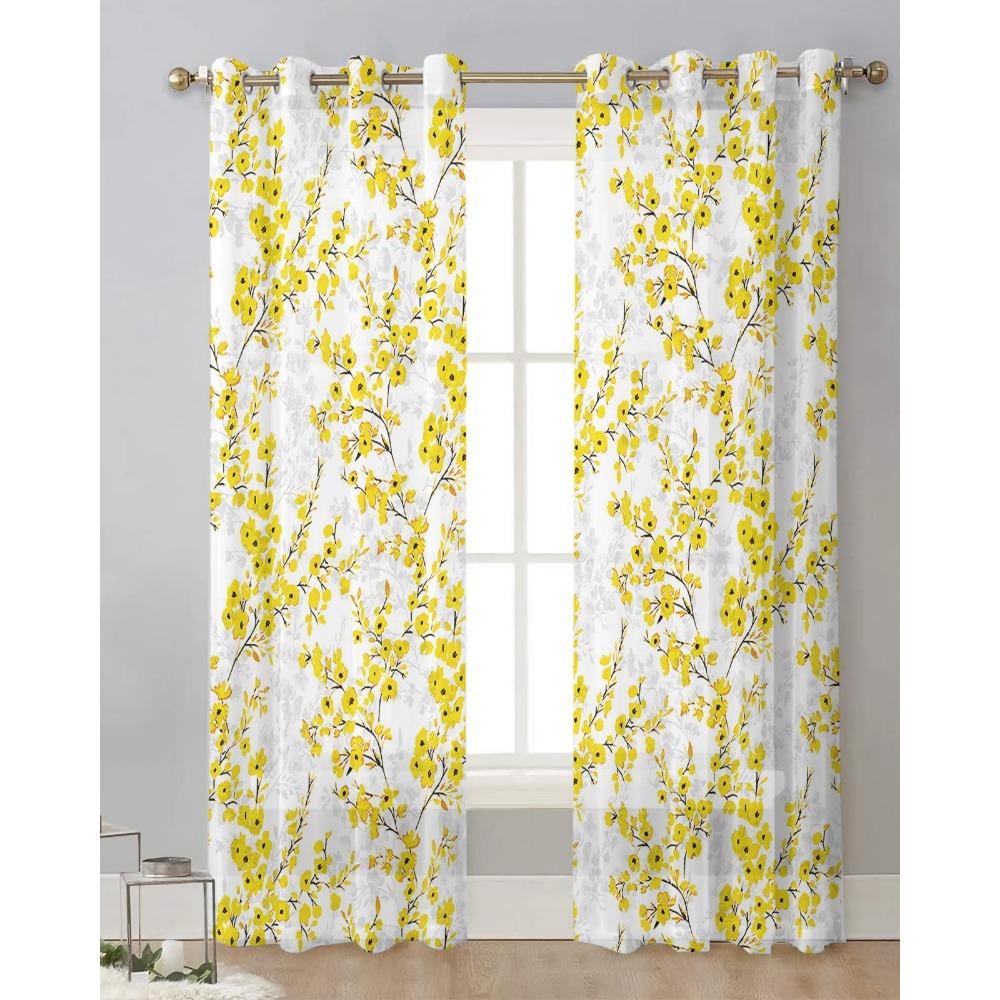 Yellow Flower Watercolor Leaves Sheer Curtains Ideal for Living Room Ornamentation Window Curtains Cooking Area Tulle Voile Organza Drapes