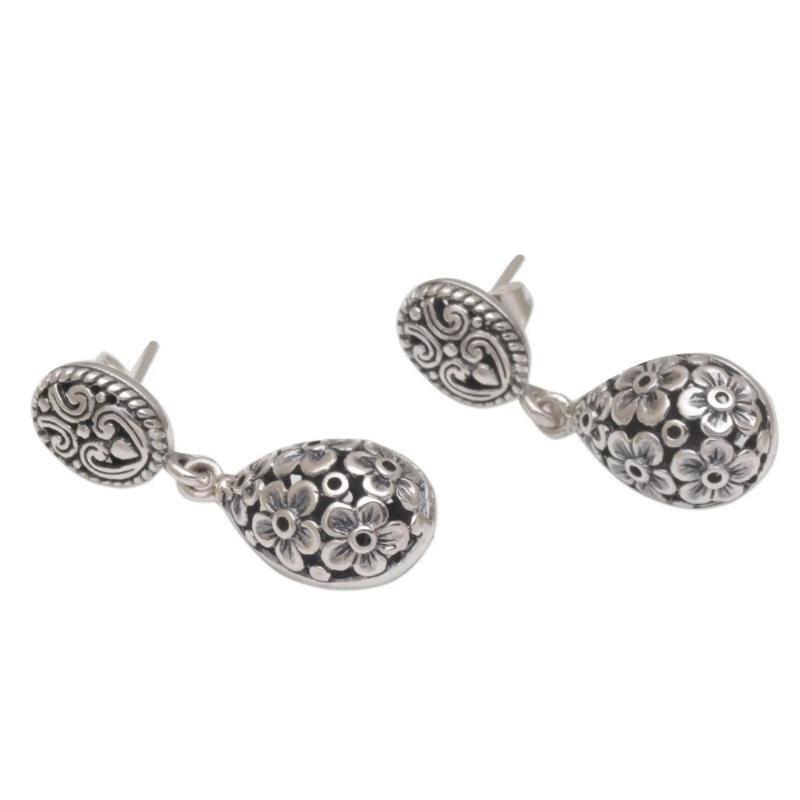 Silver Plated Floral Pattern Drop Earrings Metalwork Romantic Flower Sphere Dangle Earrings For Women Girls Lover Valentine'