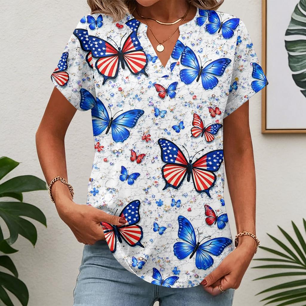 Women V Neck Short Sleeve Butterfly Print T Shirt Casual Loose Fit Lightweight Summer Top Blouse for Daily Wear