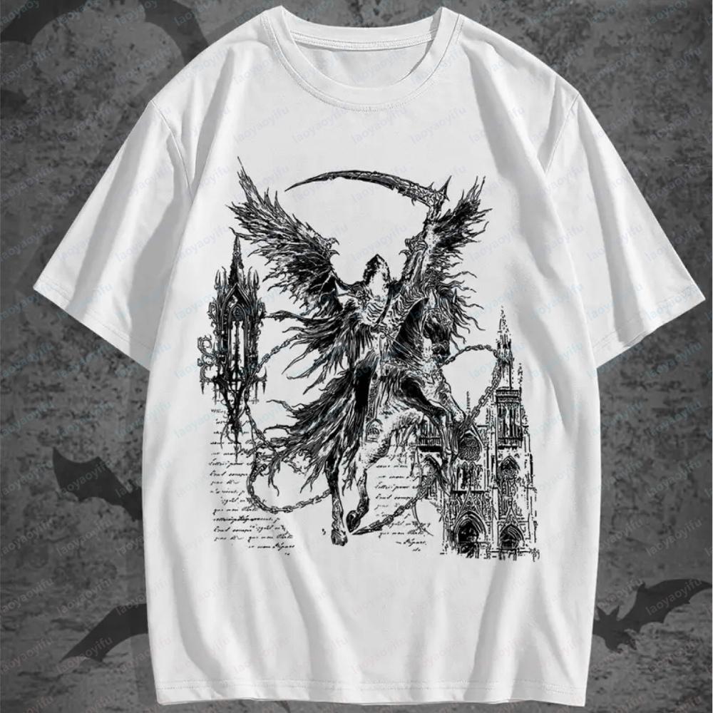 Unisexs Gothic Dark Angel Graphic Cotton Tshirt Casual Short Sleeve and Round Neck Tshirt with Dark and Gothic Angel Print Tops