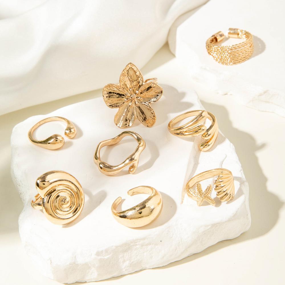 8Pcs/Set Vintage Metal Petal Flower Water Drop Open Rings for Women Trend Goth Geometric Rings Set Daily Jewelry Gift