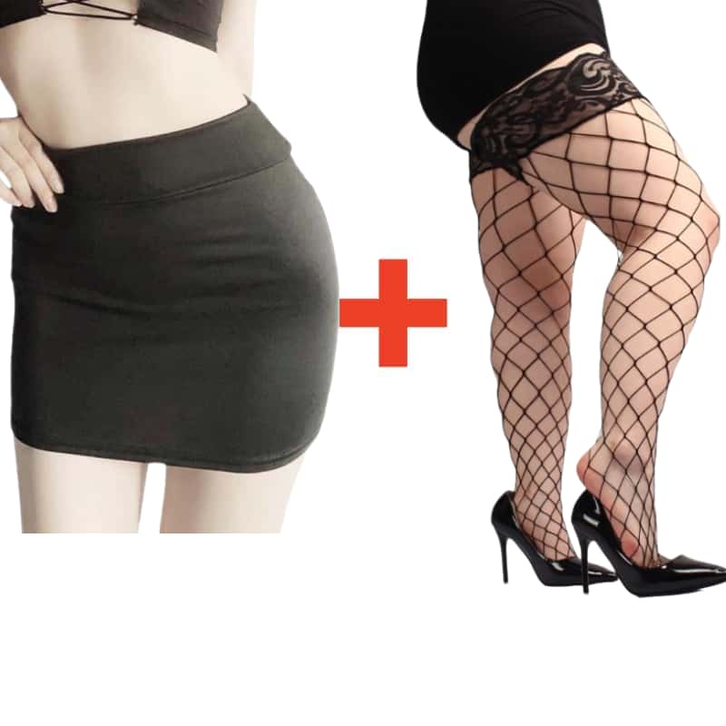 2PCS/SET Women High Waist Pencil Mini Skirts+Stockings Dress Set,Sexy Casual Wrap Hips Black Short Skirt and Pantyhose