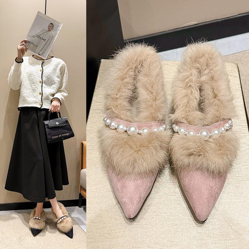Mao Mao Shoes Women's Pointed Head Shallow Mouth Cotton Shoes Winter New French Thick Heel Suede Velvet High Heels Women