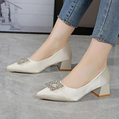 Pointed Toe Chunky Heels Women's Shoes Rhinestone Diamond Ladies Pumps Square Block Heel with Crystals Medium Korean Style Young