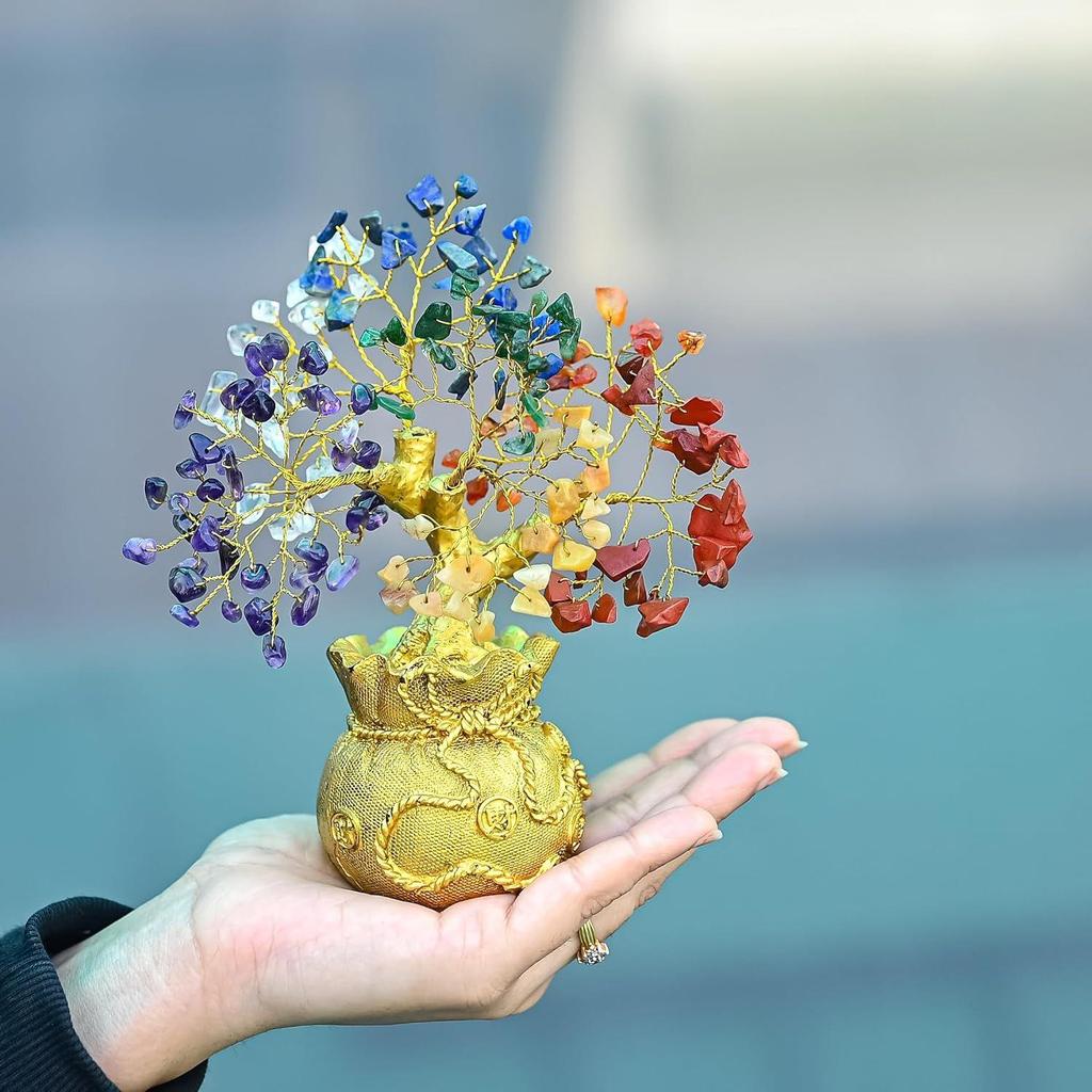 Glücksbringender Feng Shui 7 Chakra Baum mit goldenem Geldsack-Sockel - Heilkristall Edelstein Bonsai Baum für Reichtum, Wohlstand, positive Energie,