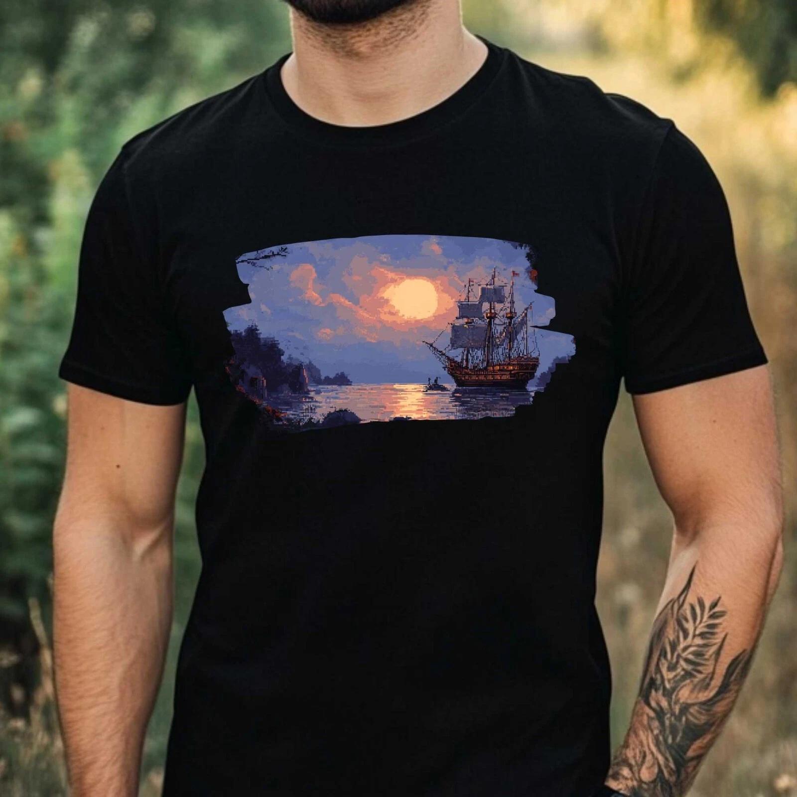 T-Shirt Herren Piratenschiff Pixel Art Motiv Baumwolle Größe XS bis 5XL XXL