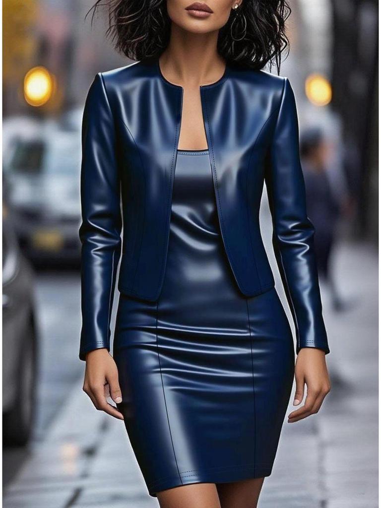 European and American Women's PU Leather Sling Bodycon Skirt with Long Sleeve Round Neck Cardigan Two-Piece Set