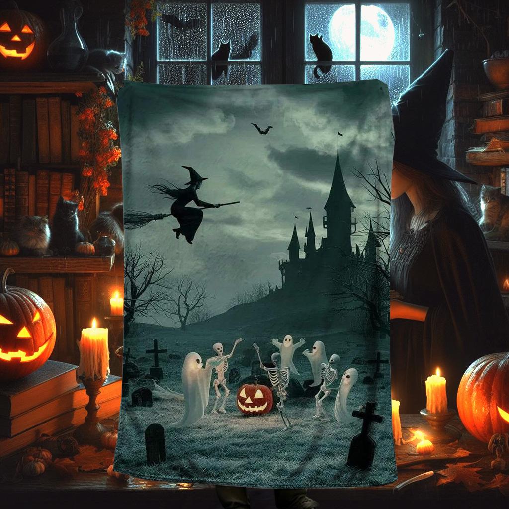 Halloween Skeleton Witch digital-printed polyester Bedroom velvet flannel cover blanket Fleece soft sofa cover blankets for beds
