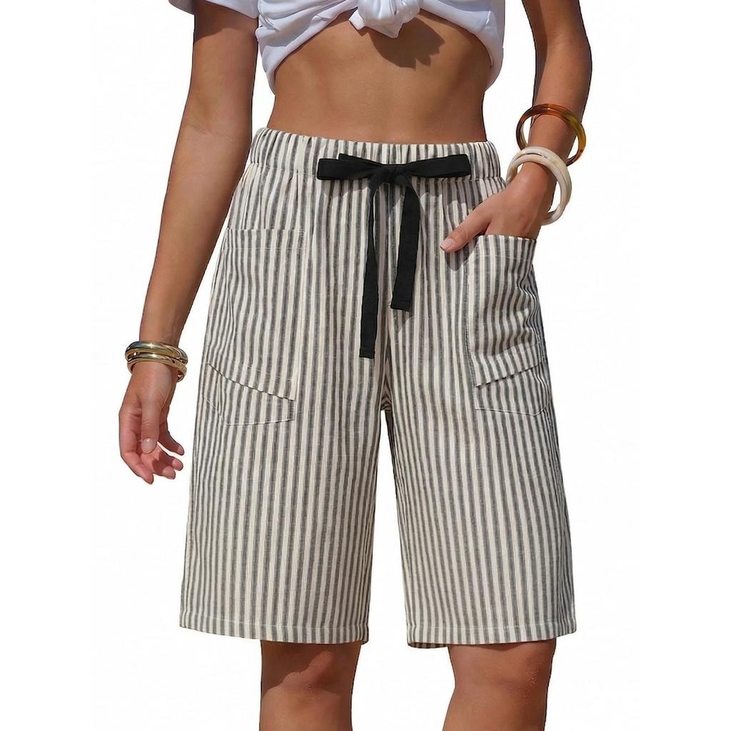 Women's Casual Summer Vacation Striped Shorts Elastic Waistband with Drawstring Pockets Loose Fit Comfortable Beachwear
