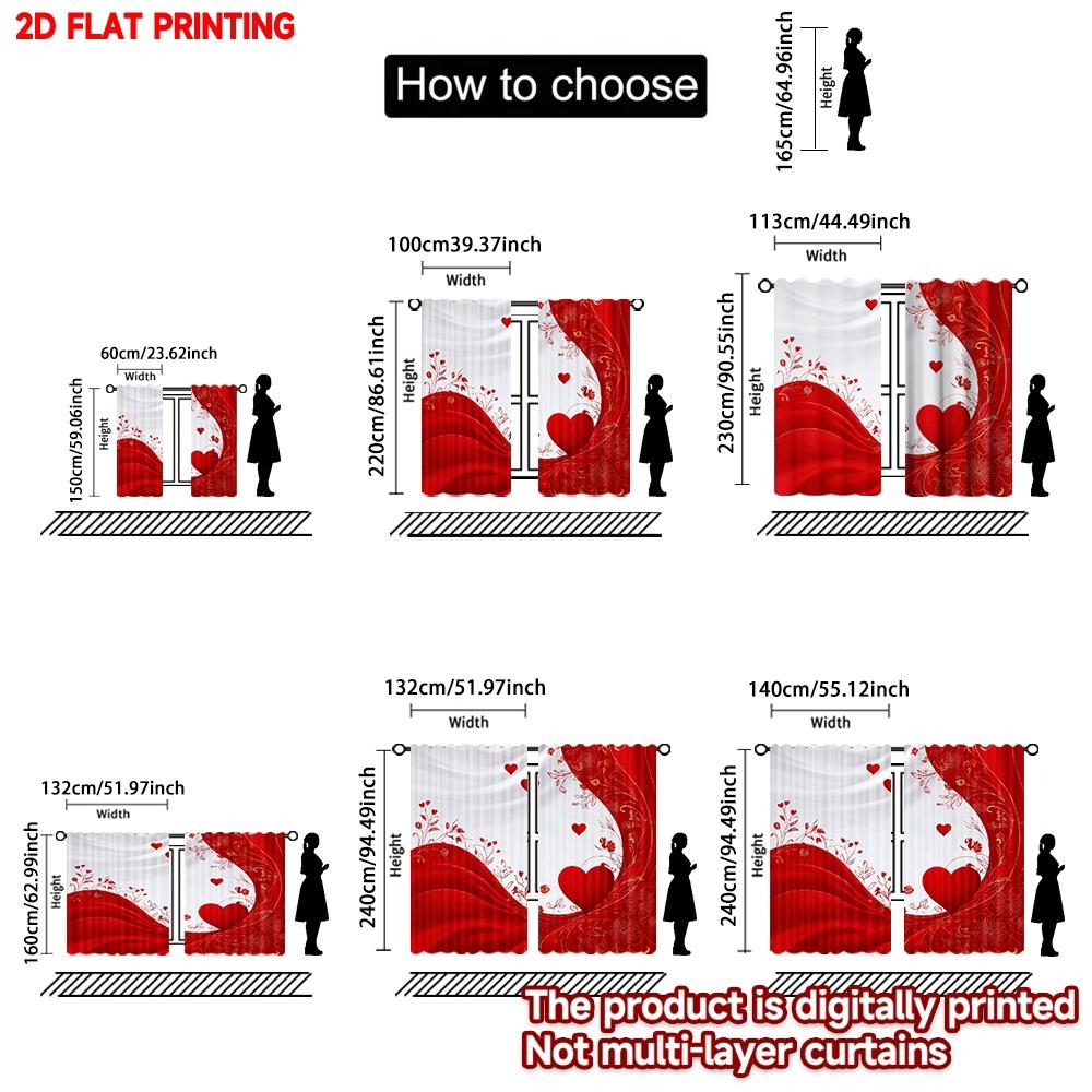 Set Of 2 Flat Printing Happy Valentine Day Curtain Romantic Hearts Digital Printed Polyester Drapes Festive Wall Decor Art
