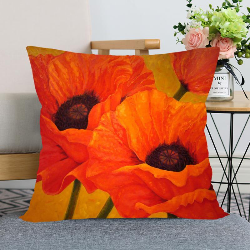Red Poppy Flower Print Pattern Pillow Case Home Living Room Sofa Bedroom Decoration Soft Throw Square