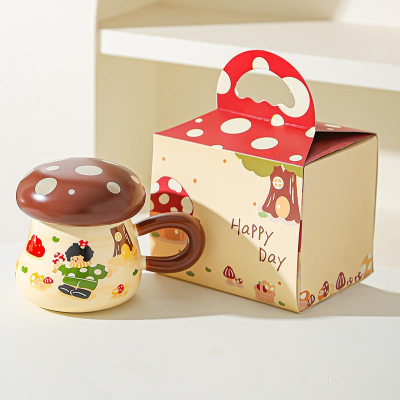Hrnček Houbičková dívka Vysoce hodnotný suvenýrový dárek Roztomilý kreslený keramický hrnek s víčkem Velkokapacitní hrnek na pití