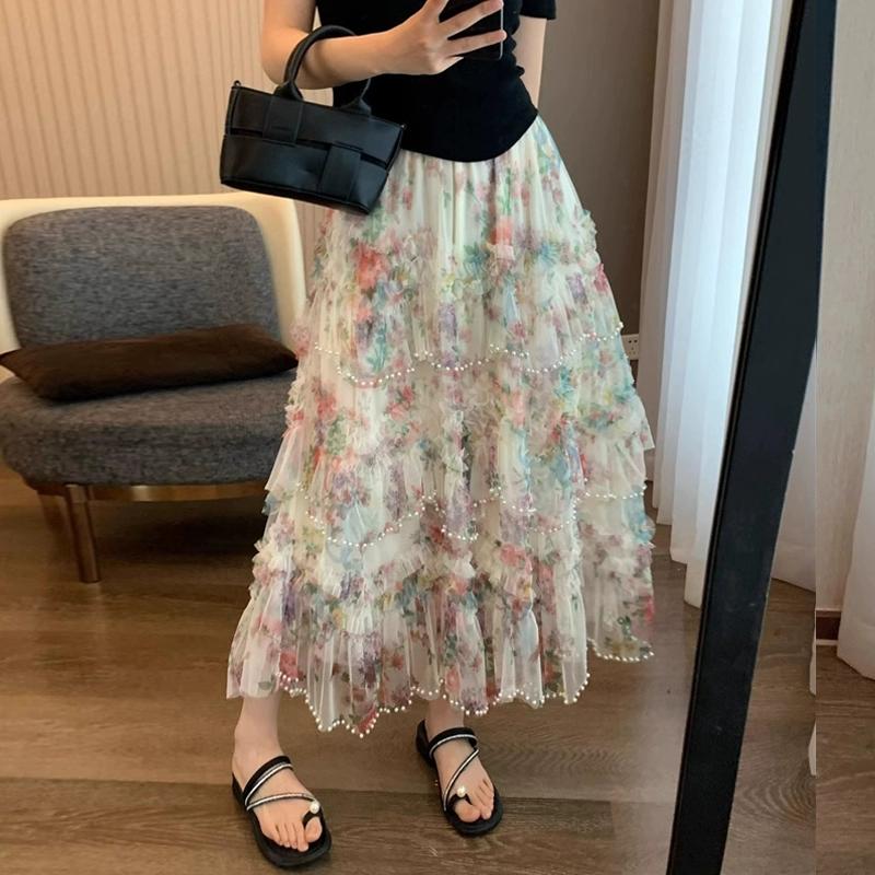 

Summer Women Sweet Print Beading Ruffles Mesh Tulle Cake Long Maxi Holiday Chic Skirt One Size абрикосовый