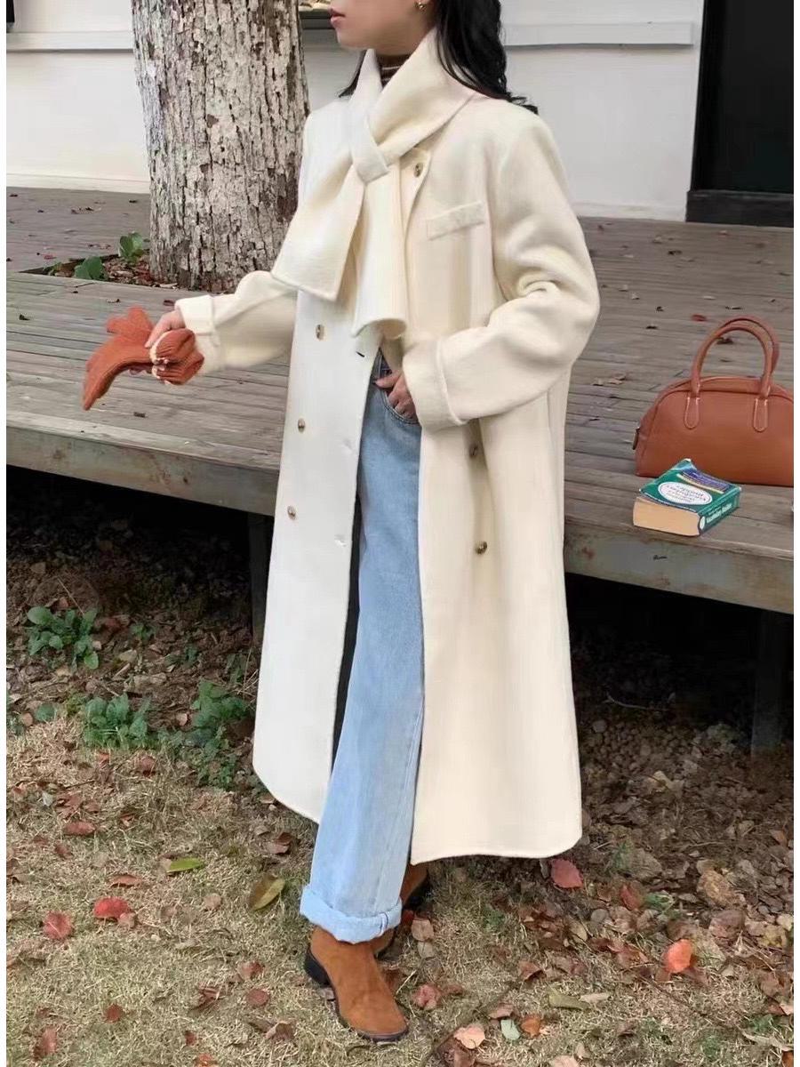 

Женское длинное двубортное шерстяное пальто с воротником-шарфом - Осень/Зима 2023 в корейском стиле M покинуть белый