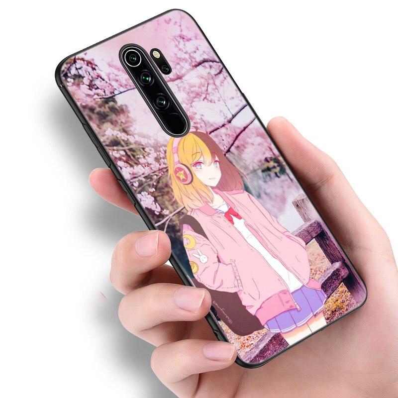 Japan rosa sakura anime mädchen Silikon Telefon Fall Für Xiaomi Redmi Hinweis 11 10 9 8 Pro 11T 10T 10S 9S 8T 9 9A 9C 9T Schwarze Abdeckung