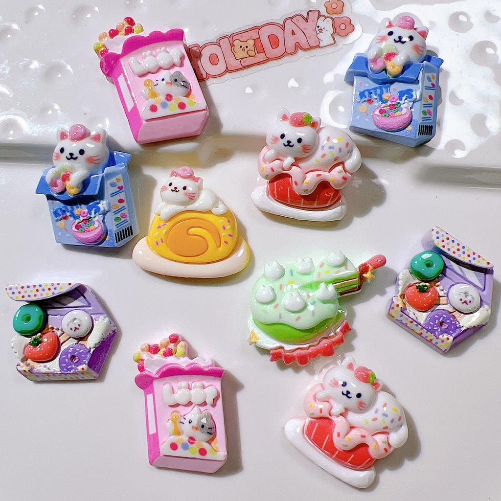 10Pcs New Cute Cartoon Cake Cat Series Flat Back Ornament Jewelry Bows Accessories
