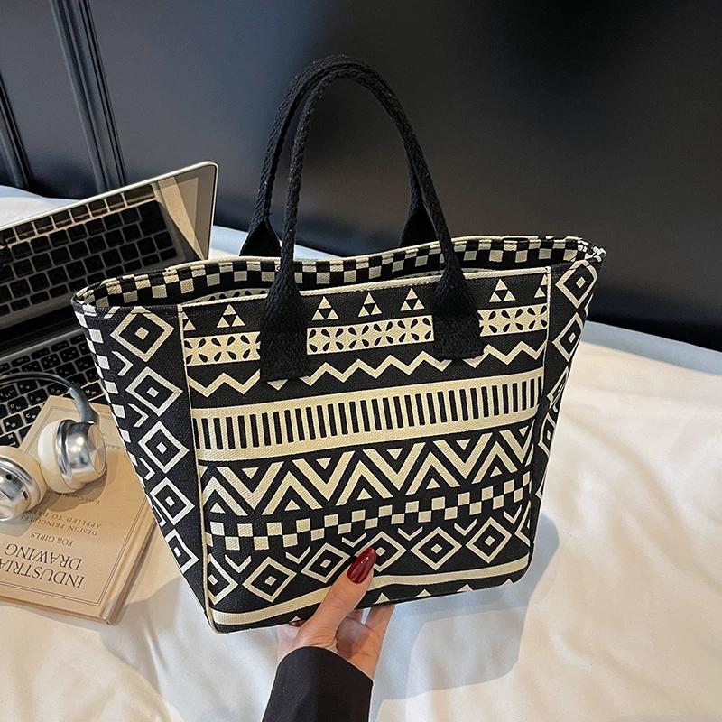 Канвасная сумка-тоут с геометрическим узором в этническом стиле, модная портативная легкая сумка для покупок и на каждый день