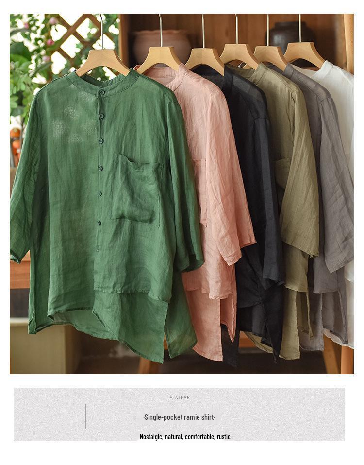 Damen Retro Baumwoll- & Leinenhemd - Frühling/Sommer 2024, Nischendesign mit Dreiviertelärmeln, lockere Passform.