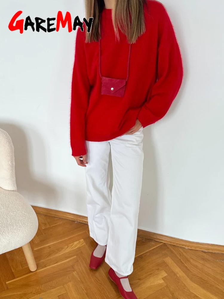 Autumn Winter Women's Knitted Sweater Wool Mohair Thin Gray Jumper Oversize Basic Pullover Women Red Vintage Sweaters for Women