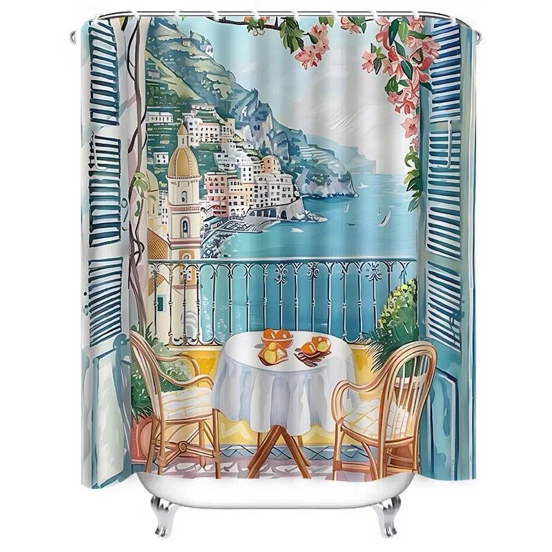 Scenic Coastal View Shower Curtain European Style Waterproof Heat Resistant Machine Washable Suitable for Wet and Dry Separation