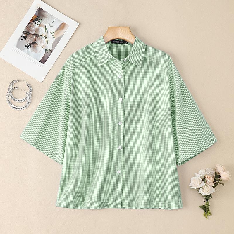 ZANZEA Women Turn Down Collar Loose Half Sleeve Casual Grid Print Blouse