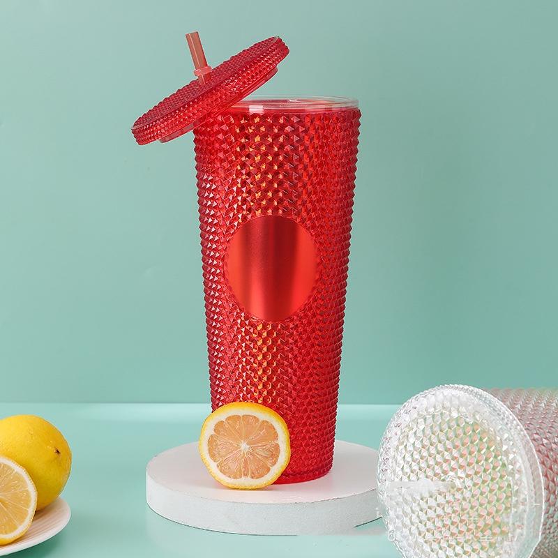 1PC 710ML Straw Cup with Lid Studded Finish Double Wall Coffee Mugs Plastic Studded Durian Tumblers Cold Bling Cup Customized