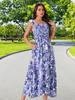 Uxcell Women's Floral Print Beach Sundress, Square Neck, Ruffled, Cap Sleeves, Tiered Maxi Dress, Dark Blue, Size S