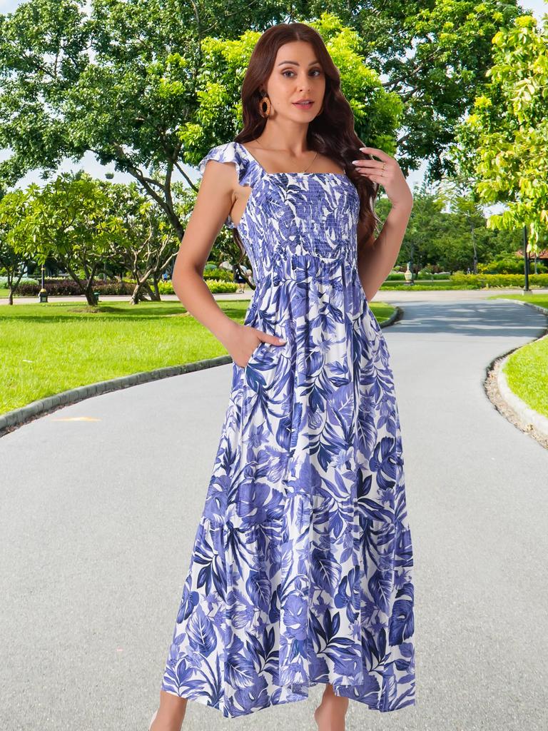 Uxcell Women's Floral Print Beach Sundress, Square Neck, Ruffled, Cap Sleeves, Tiered Maxi Dress, Dark Blue, Size S