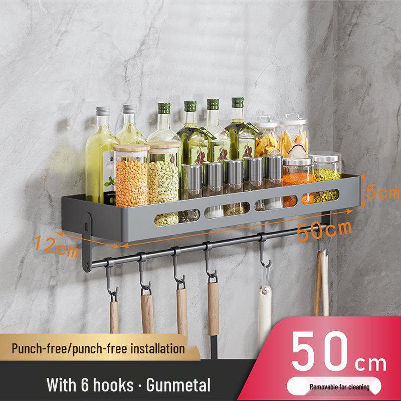 Charlotte Gunmetal Grey Wall-Mounted Kitchen Storage Rack with Seasoning Jar Organizer, Punch-Free
