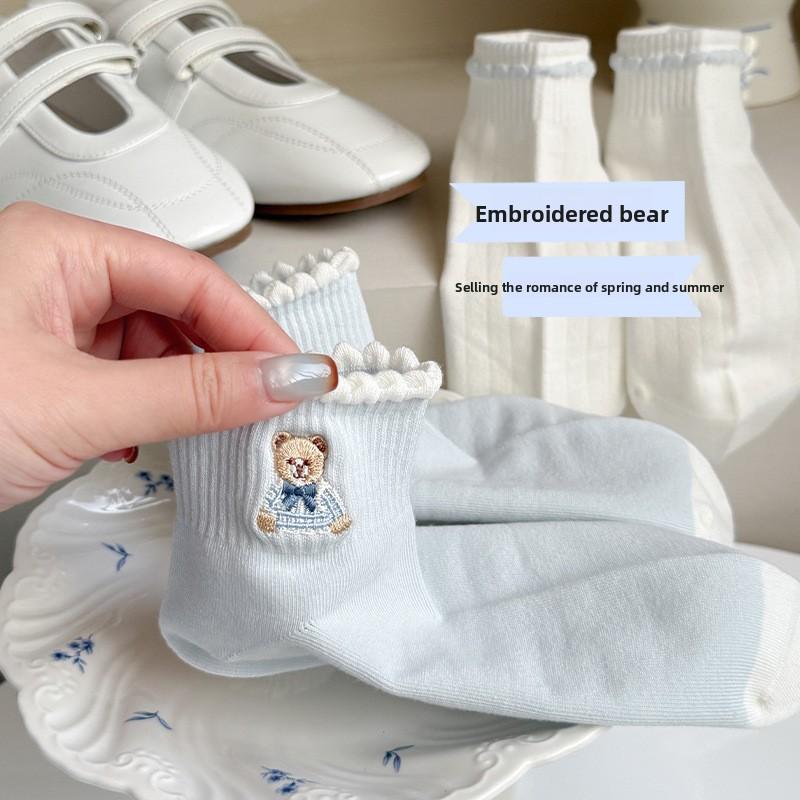 Socken mit Schleife - Kinder-Schweißabsorbierend und Atmungsaktiv Cartoon-Bär-Muster Schnürsenkellose Bootssocken