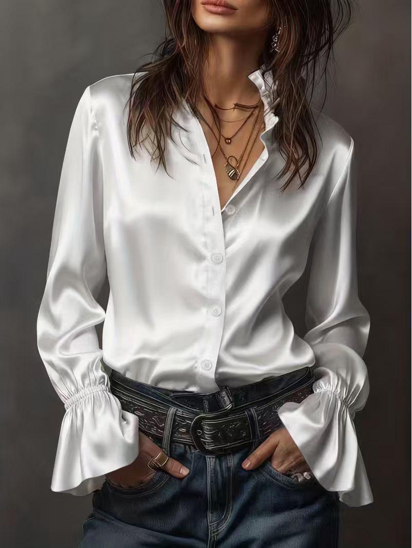 2026 Elegant Women s Solid Color Satin Long Sleeve Shirt Large белый