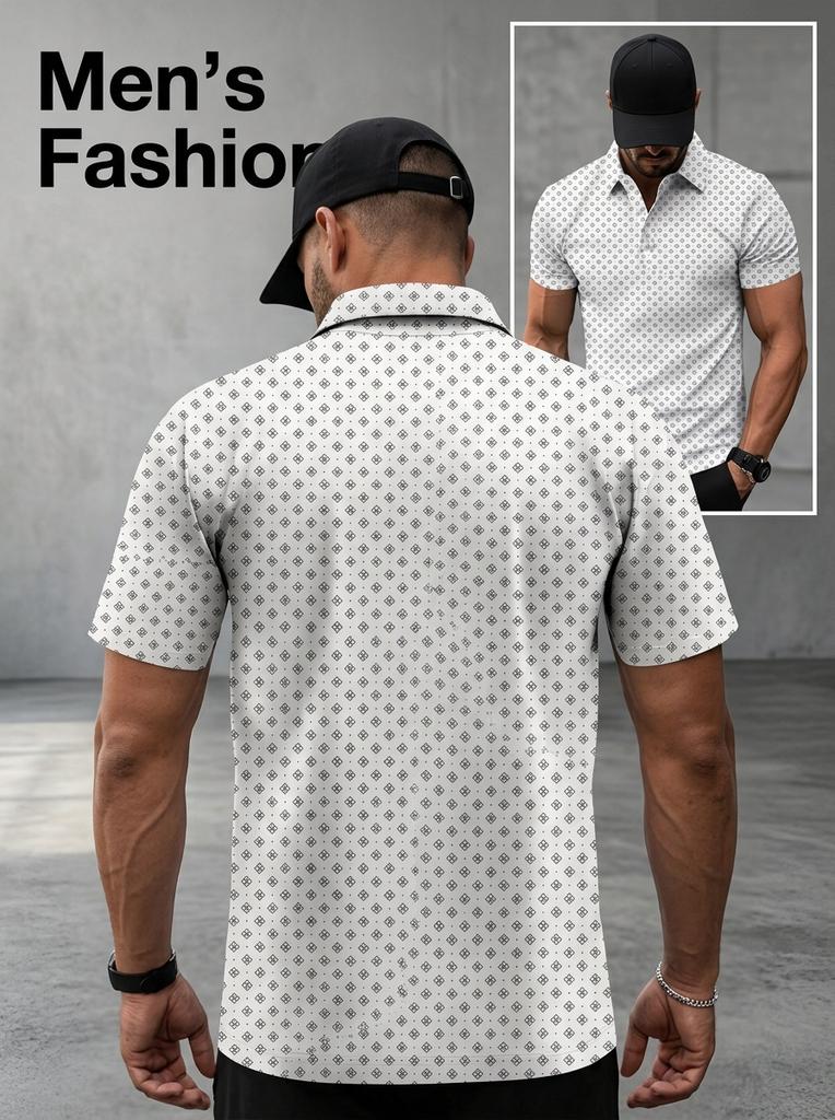 Men's Polo Shirt White Background Gray Tone Small Geometric All-over Printed Short-sleeved T-shirt