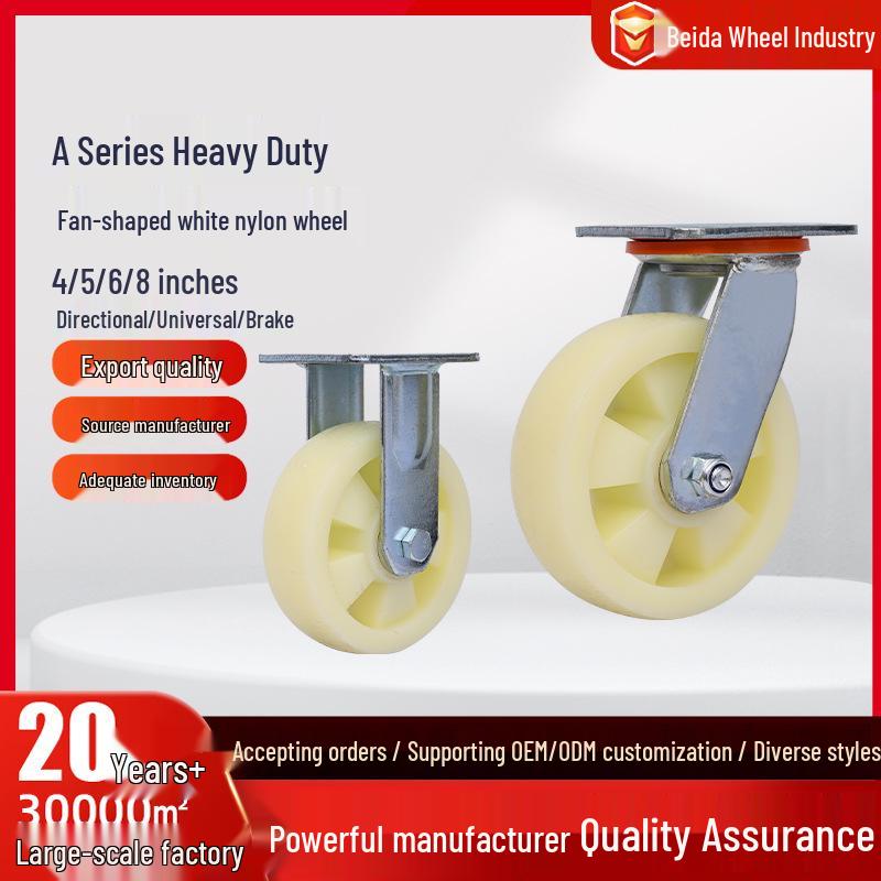Heavy-Duty Nylon Swivel Caster with Brake - 4", 5", 6", 8" - Shock-Absorbing, Wear-Resistant.