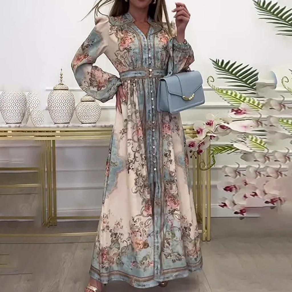 New European And American Women's Clothing Retro Temperament Printed Long-sleeved Pendulum Waist Dress
