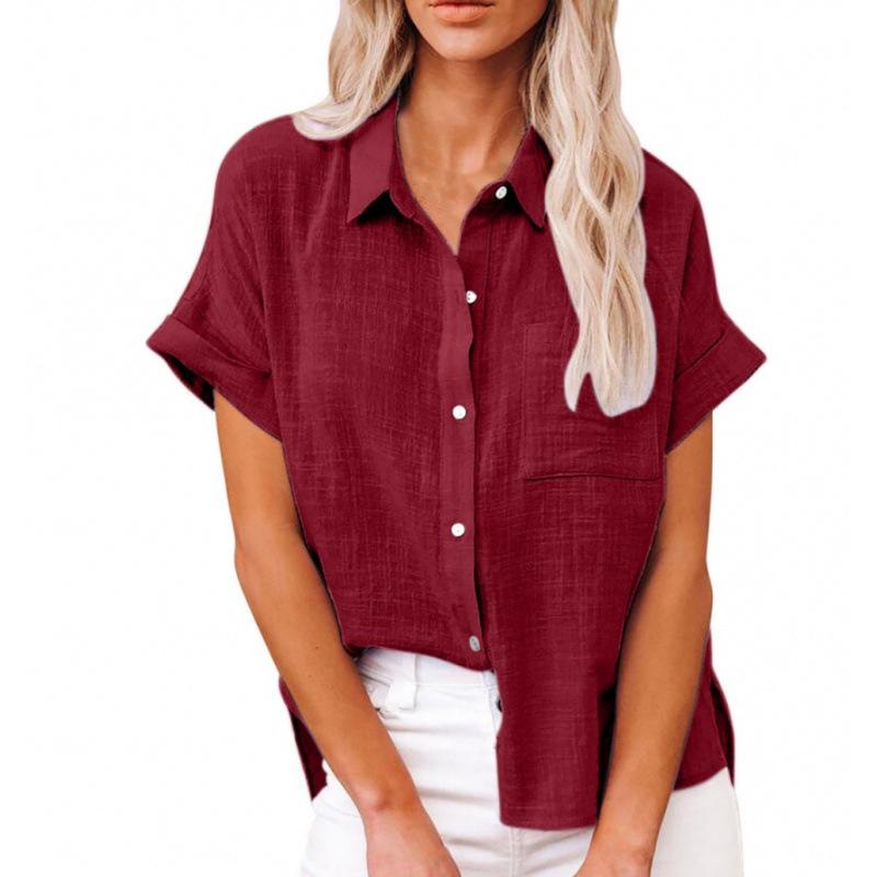 Summer New Women's Clothing Solid Color Linen Shirt Short Sleeve Casual Loose Shirt