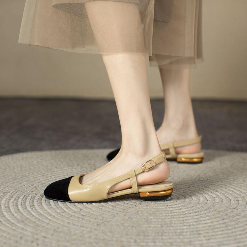 Low-heeled Retro Cover Head Sandals Women's 2025 Summer New Round Toe Flock Pacthwork Ankle Buckle Strap Office Shoes Sandales