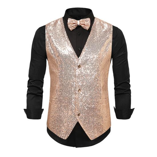 Men Suit Vest V-Neck Sleeveless Single Breasted Stage Show Waistcoat with Pockets Slim Fit Shiny Sequins Bow Tie Weddings Proms Vest