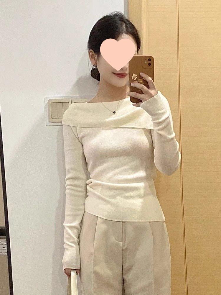 French Style Off-Shoulder Knitted Long-Sleeve Top for Women - Spring/Autumn 2025 Slim-Fit Sweater