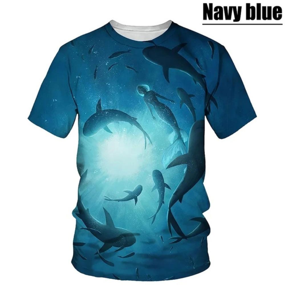 Maglietta da uomo con stampa 3D di squalo, T-shirt estiva a girocollo con motivo di animale marino, Top larghi a maniche corte