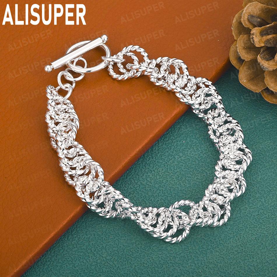 925 Sterling Silver Twisted Ring Side Chain Bracelet Gift Jewelry 20CM