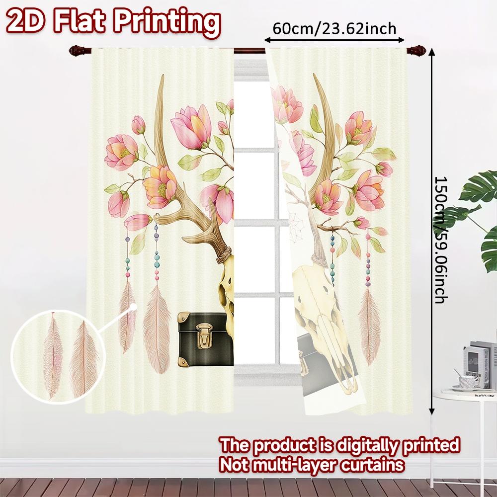 2D FLAT PRINTING 2pcs Curtains (Without Rod) Floral Skull Design New year Festival Creative Curtains Polyester Curtains Room