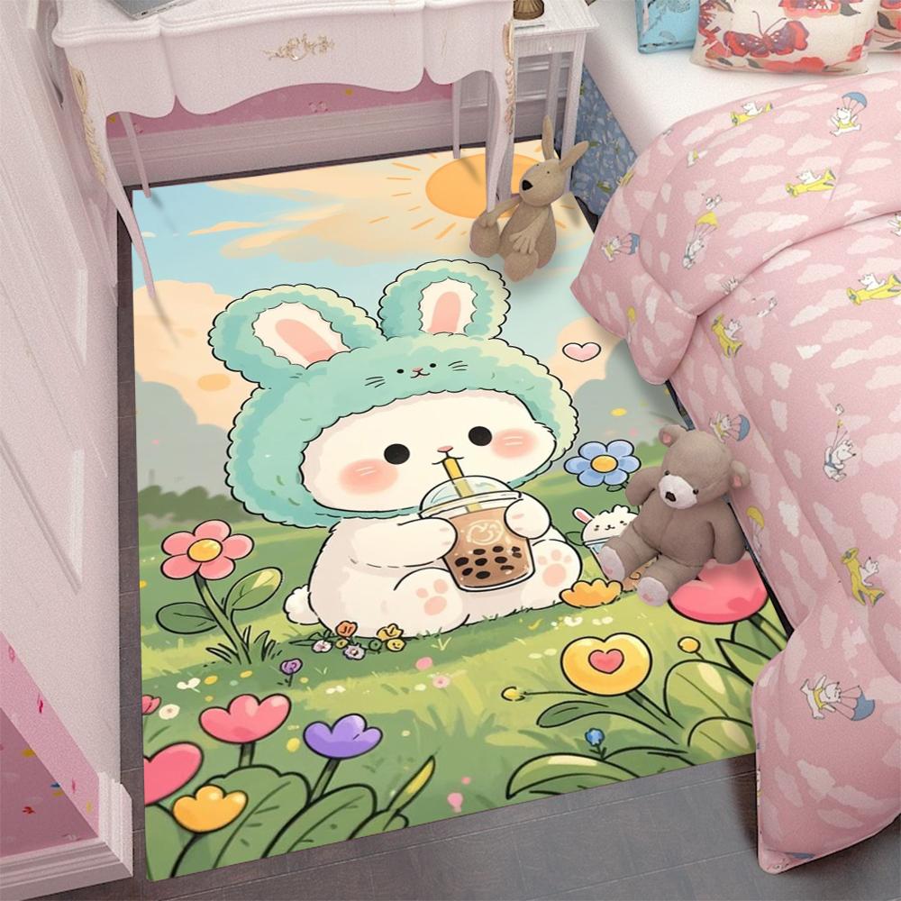 Cute Cartoon Happy Day Pink Bunny Rabbit Carpet for Children's Bedroom with Rabbits and Hearts Mat Kids Decor Room Floor Mat