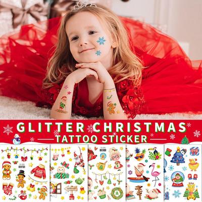 New Arrival! 12/3/1 Sheets Waterproof But Easy Remove Kids Christmas Glitter Temp Tattoo Stickers