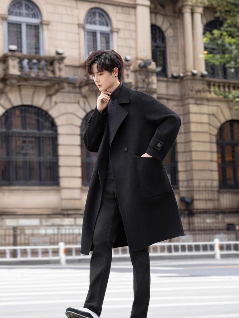 Men's Double-Sided Wool Blend Mid-Length Coat: Thickened Korean-Style Windbreaker for Autumn and Winter.