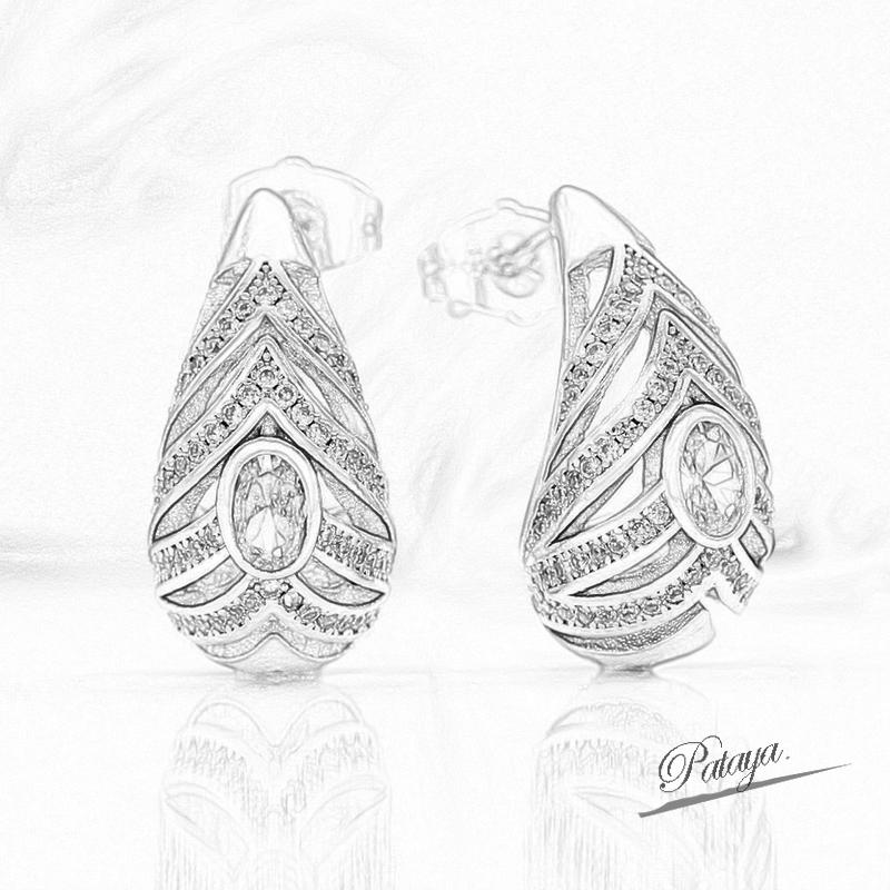 PATAYA Peacock's Tail Style Hollowing Process Microwax Inlay White Artificial Zircon Earrings